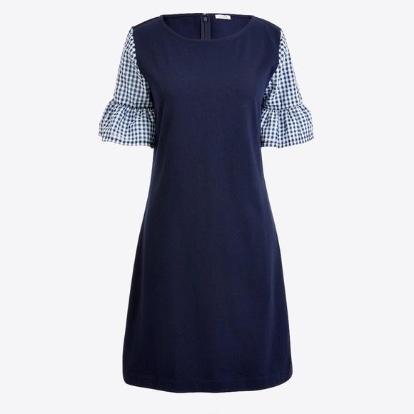 J. Crew Factory Printed Ruffle Bell Sleeve Dress Gingham Sheath Navy Blue Small - Picture 1 of 5